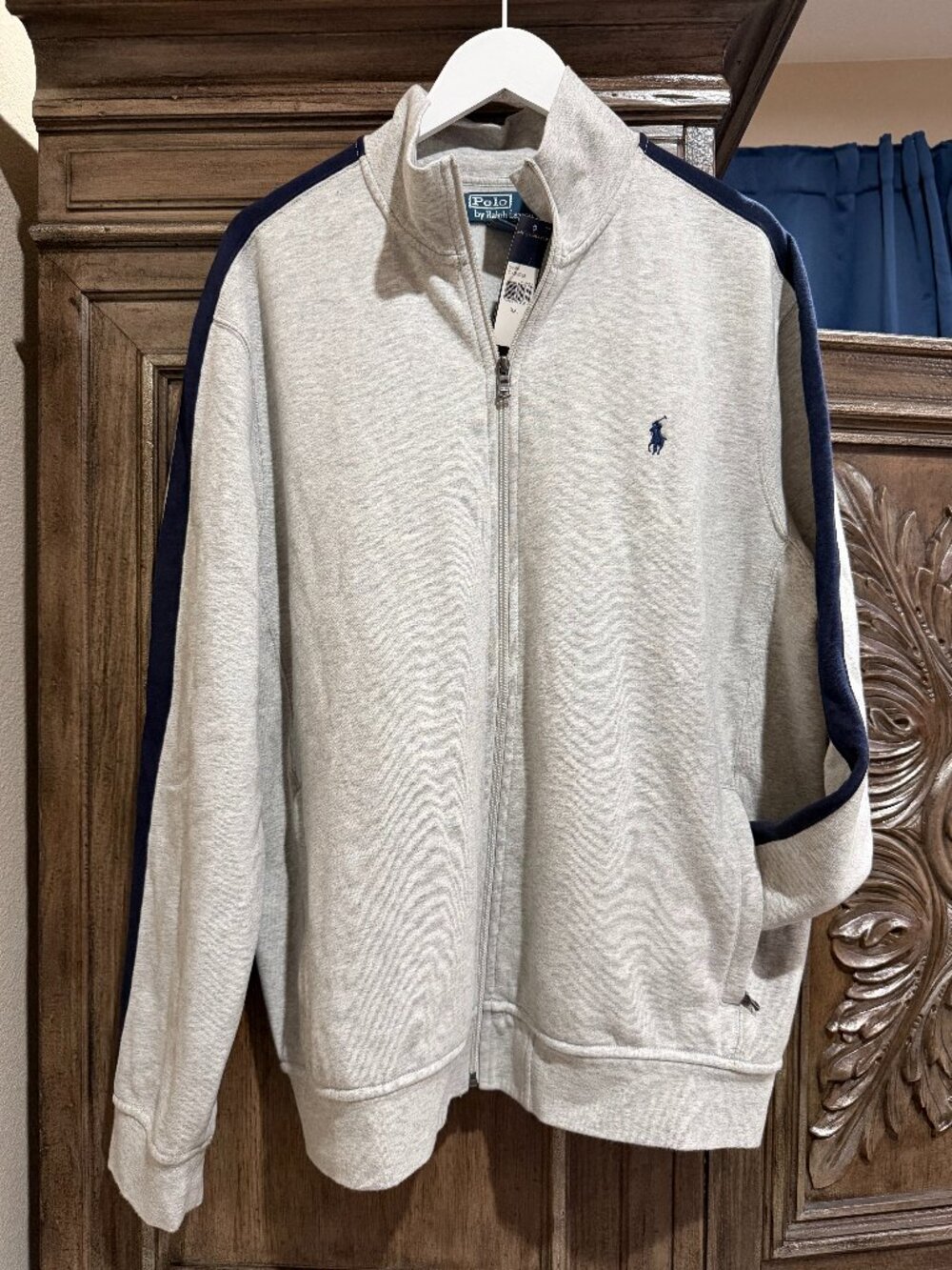 NWT Polo Ralph Lauren Men XXL Track Jacket Sweater Zip Gray Heather Navy Stripe
